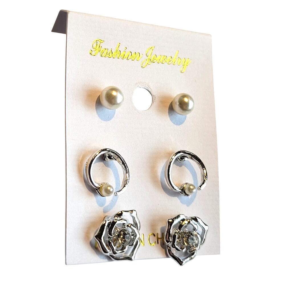 Silver Tone Pearl Rose Stud Earrings Set - 3 Pairs White Faux Pearl Gift Jewelry